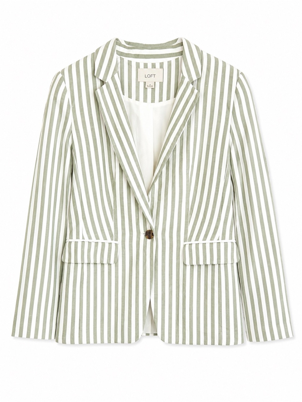 LOFT Linen Blend Green & White Vertical-Stripe Single-Button Modern Blazer